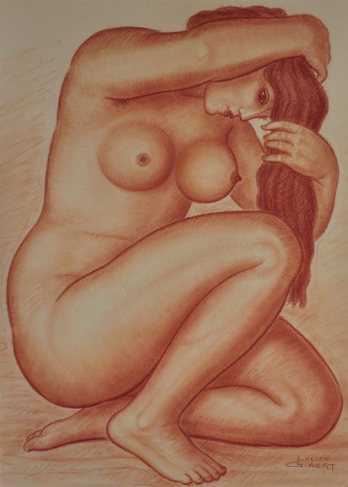 LUCIEN GIBERT 1904 1988 HER FLAMING LOCKS OF AUBURN HAIR FRAMED FRENCH ART DECO 1930S DRAWING - ADDITIONAL PHOTO 1