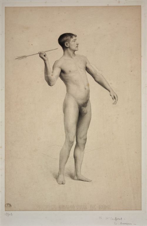FRAMED PERIOD PRINT GRAND PRIX DE ROME SUBMISSION CIRCA 1906 ACADMIE DHOMME NUDE THROWING AN ARROW - ADDITIONAL PHOTO 1