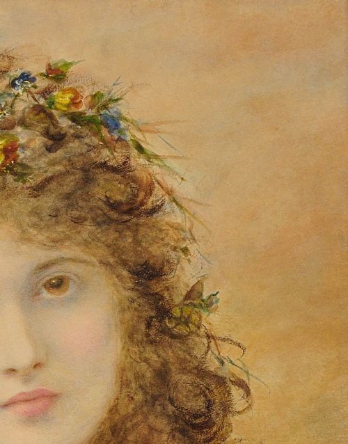 ALICE ANNE RENSHAW 1849 1900 ENGLISH PRIMAVERA VICTORIAN PAINTING OF A YOUNG LADY WITH SPRINGTIME FLOWERS IN HER CASCADING CURLS FRAMED WATERCOLOUR GOUACHE PAINTING - ADDITIONAL PHOTO 6