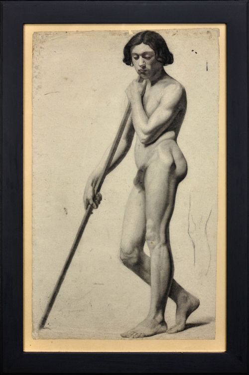 HENRY ARTHUR ROBERTS 1819 1900 ACADEMIC LIFE STUDY OF A MALE NUDE CARRYING A STAFF PRESECOND REPUBLIC FRENCH PERIOD FRAMED 1840S DRAWING