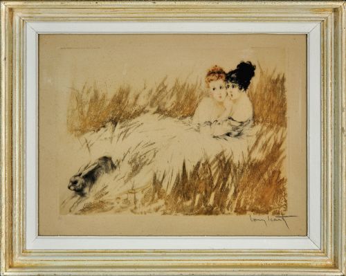 LOUIS ICART 1888 1950 FRENCH SCARED FRAMED HAND COLOURED ETCHING CIRCA 1920