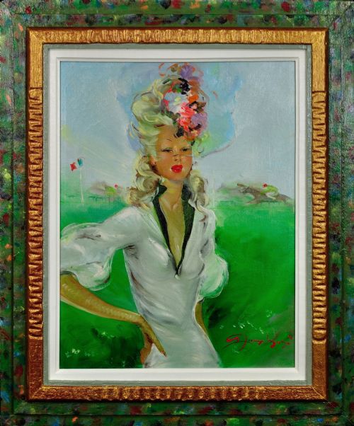 Disciple of Jean-gabriel Domergue 1889 - 1962. Framed 1950s Oil Painting of a Fashionable Lady at the Races.