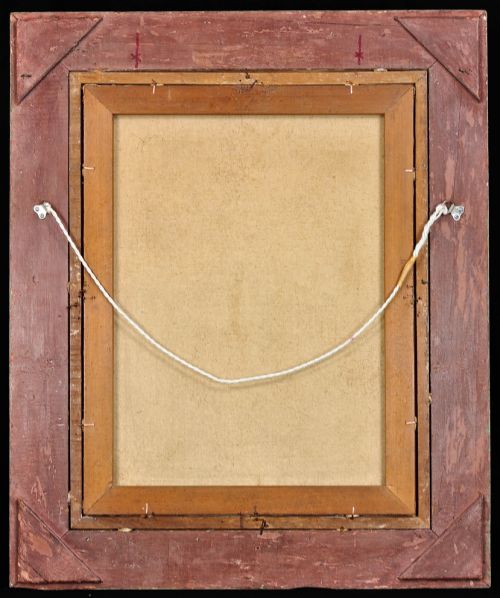 fig 3. A mid-century oil painting depicting a blonde woman in a white dress and elaborate hat standing before a green racecourse, set within a textured gilt and painted frame.