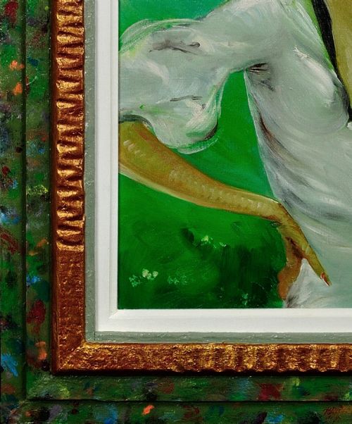 fig 4. A mid-century oil painting depicting a blonde woman in a white dress and elaborate hat standing before a green racecourse, set within a textured gilt and painted frame.