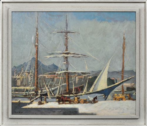Paul Bret 1902 - 1956. Unloading & Loading Ships, Palermo Harbour, Sicily, Italy. Framed 1930s Oil Painting.