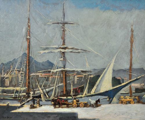 fig 1. A framed 1930s oil painting depicting masted ships and horse-drawn carts along a harbour dock under a grey sky.