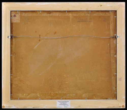 fig 3. A framed 1930s oil painting depicting masted ships and horse-drawn carts along a harbour dock under a grey sky.
