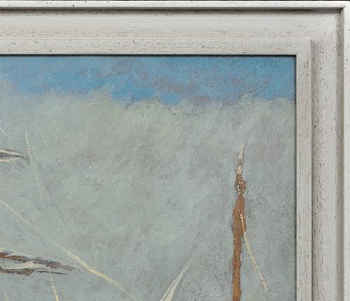fig 4. A framed 1930s oil painting depicting masted ships and horse-drawn carts along a harbour dock under a grey sky.