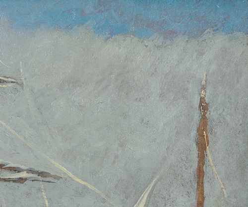 fig 6. A framed 1930s oil painting depicting masted ships and horse-drawn carts along a harbour dock under a grey sky.
