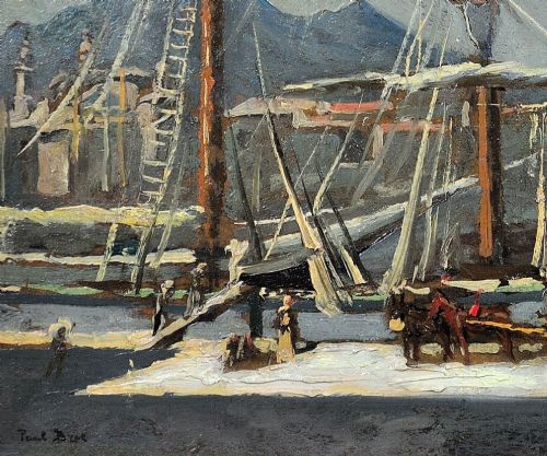 fig 7. A framed 1930s oil painting depicting masted ships and horse-drawn carts along a harbour dock under a grey sky.