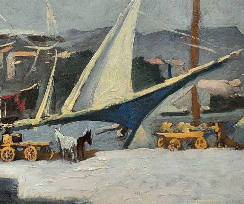 fig 8. A framed 1930s oil painting depicting masted ships and horse-drawn carts along a harbour dock under a grey sky.