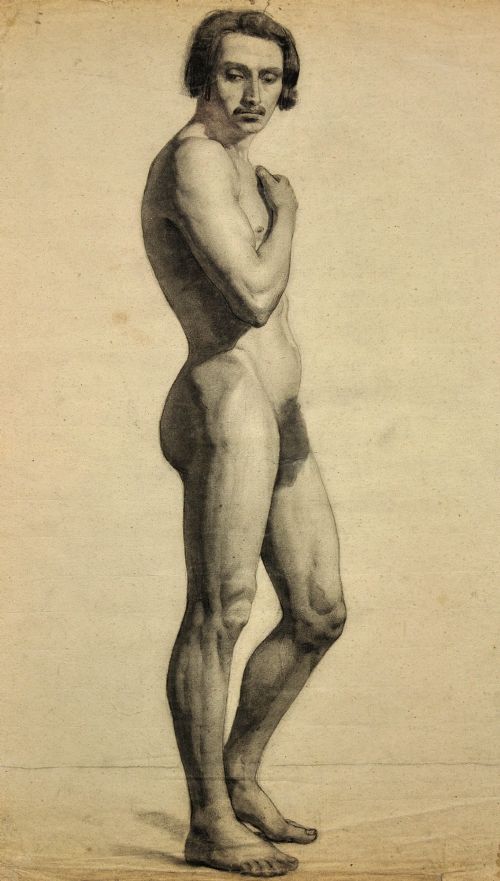 fig 1. A framed mid-nineteenth-century charcoal drawing on paper depicting a standing male nude figure in profile.