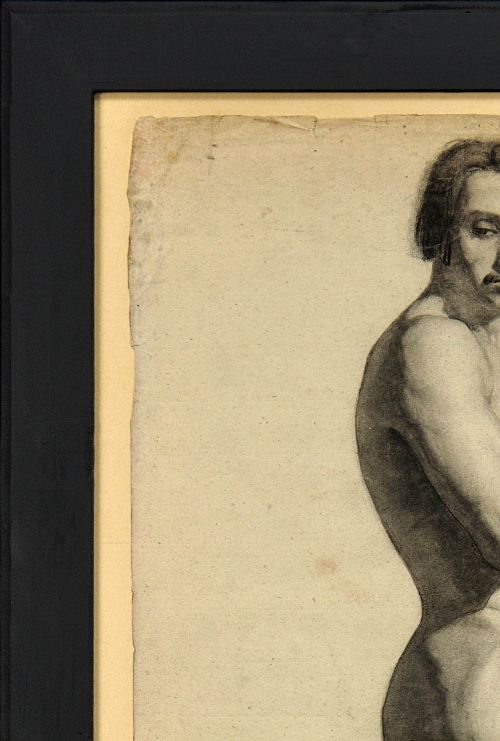 fig 3. A framed mid-nineteenth-century charcoal drawing on paper depicting a standing male nude figure in profile.