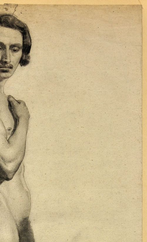 fig 5. A framed mid-nineteenth-century charcoal drawing on paper depicting a standing male nude figure in profile.
