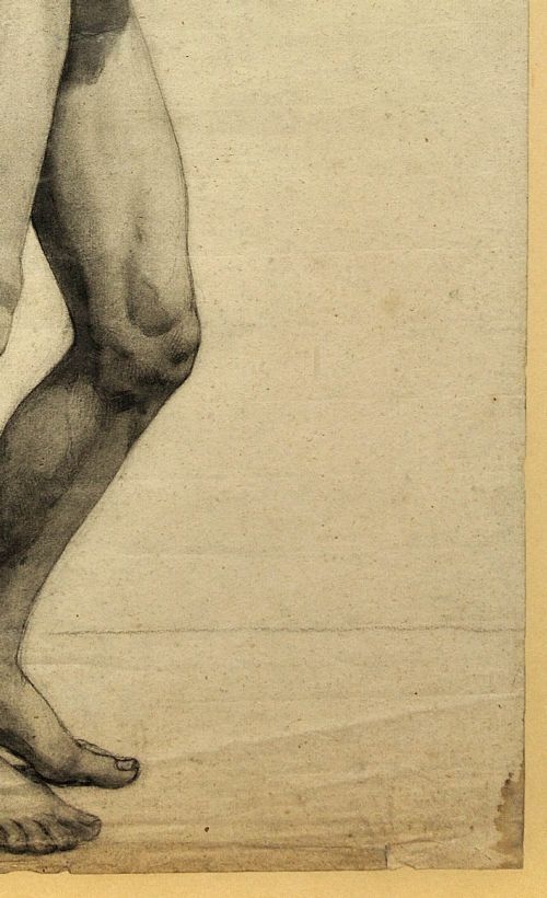 fig 7. A framed mid-nineteenth-century charcoal drawing on paper depicting a standing male nude figure in profile.