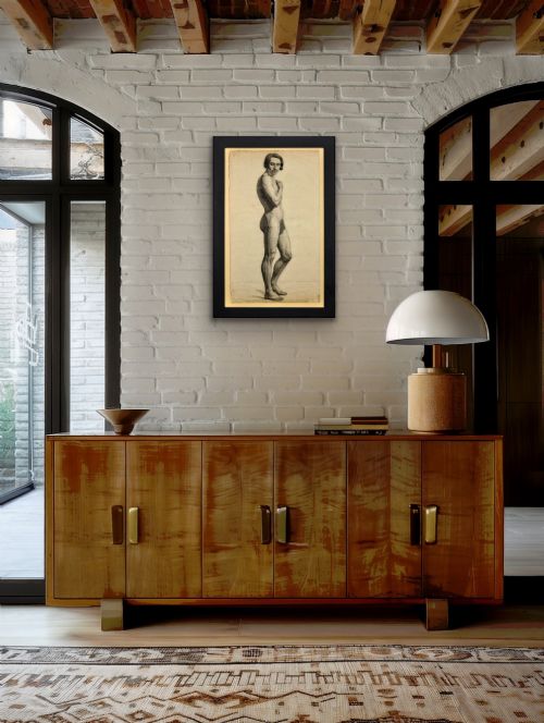 fig 8. A framed mid-nineteenth-century charcoal drawing on paper depicting a standing male nude figure in profile.