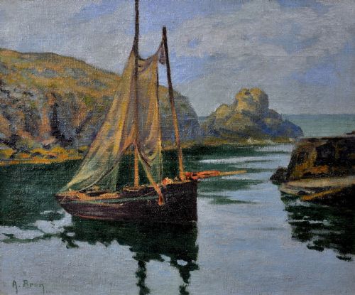 fig 1. An antique framed oil painting depicting a wooden sailboat anchored in a rocky coastal inlet with reflections on the water surface.
