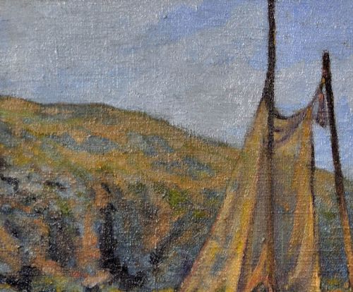 fig 5. An antique framed oil painting depicting a wooden sailboat anchored in a rocky coastal inlet with reflections on the water surface.