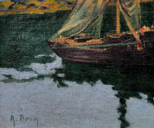 fig 7. An antique framed oil painting depicting a wooden sailboat anchored in a rocky coastal inlet with reflections on the water surface.