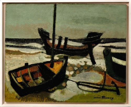 André Minaux 1923 - 1986. Les Barques Échouées, 1963. Framed French Oil Painting of Stranded Boats on a Beach.
