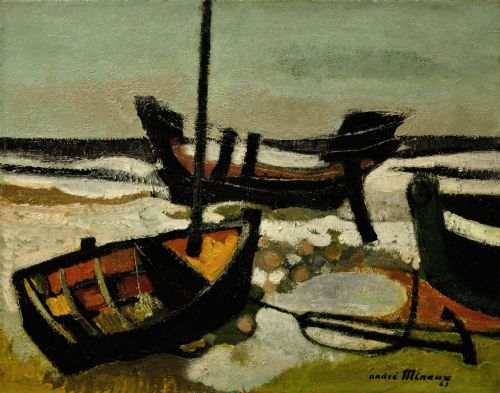 fig 1. Framed mid-century oil painting depicting stranded wooden fishing boats resting on a beach shore rendered in muted green, ochre, and black tones.