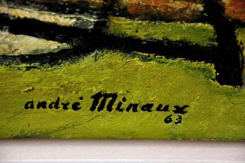 fig 2. Framed mid-century oil painting depicting stranded wooden fishing boats resting on a beach shore rendered in muted green, ochre, and black tones.