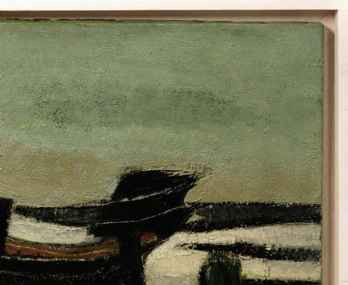 fig 4. Framed mid-century oil painting depicting stranded wooden fishing boats resting on a beach shore rendered in muted green, ochre, and black tones.