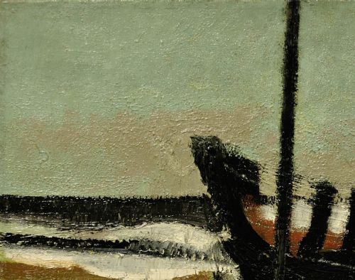 fig 5. Framed mid-century oil painting depicting stranded wooden fishing boats resting on a beach shore rendered in muted green, ochre, and black tones.