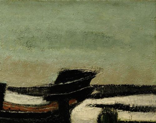 fig 6. Framed mid-century oil painting depicting stranded wooden fishing boats resting on a beach shore rendered in muted green, ochre, and black tones.
