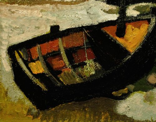 fig 7. Framed mid-century oil painting depicting stranded wooden fishing boats resting on a beach shore rendered in muted green, ochre, and black tones.