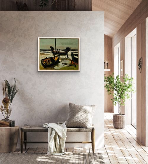 fig 10. Framed mid-century oil painting depicting stranded wooden fishing boats resting on a beach shore rendered in muted green, ochre, and black tones.