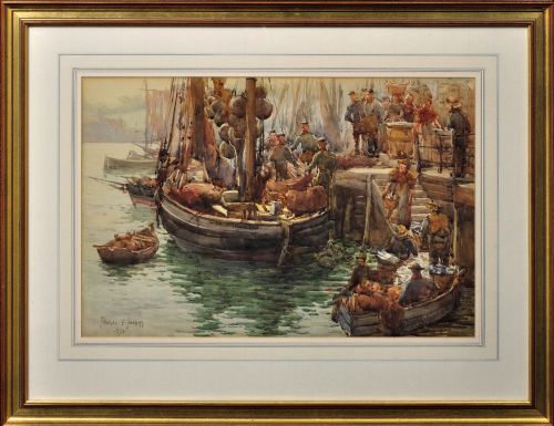 Frances Emily Nesbitt 1863 - 1934. A Moray Firth Zulu Fishing Boat Unloading Herring in Whitby, 1893. Framed Scottish Maritime Heritage Watercolour Painting.