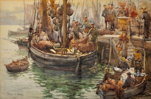 fig 1. A framed 1893 watercolour painting depicting a Moray Firth Zulu fishing boat docked alongside a busy harbour wall while fishermen unload the herring catch.