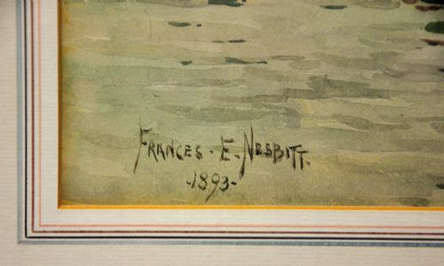 fig 2. A framed 1893 watercolour painting depicting a Moray Firth Zulu fishing boat docked alongside a busy harbour wall while fishermen unload the herring catch.