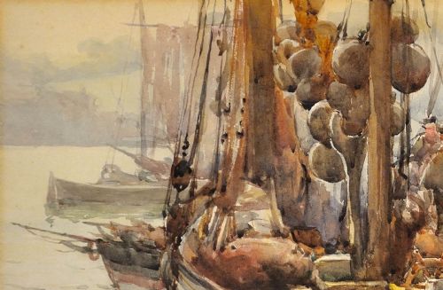 fig 5. A framed 1893 watercolour painting depicting a Moray Firth Zulu fishing boat docked alongside a busy harbour wall while fishermen unload the herring catch.