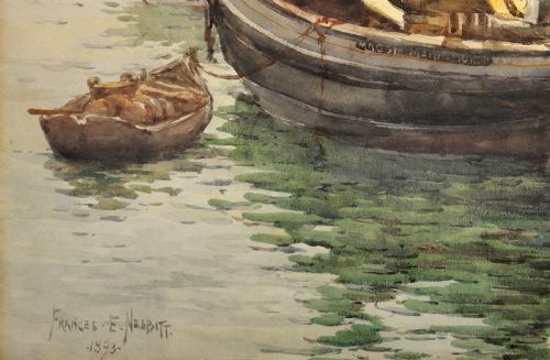 fig 7. A framed 1893 watercolour painting depicting a Moray Firth Zulu fishing boat docked alongside a busy harbour wall while fishermen unload the herring catch.