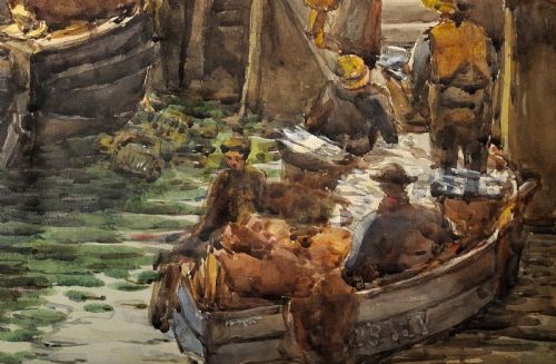 fig 8. A framed 1893 watercolour painting depicting a Moray Firth Zulu fishing boat docked alongside a busy harbour wall while fishermen unload the herring catch.