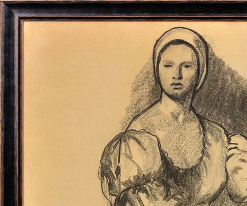 fig 5. A framed monochrome charcoal drawing on cream paper depicting a seated woman in classical attire alongside a bowl of fruit.