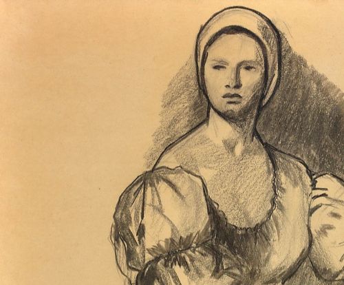 fig 6. A framed monochrome charcoal drawing on cream paper depicting a seated woman in classical attire alongside a bowl of fruit.
