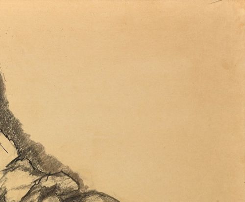 fig 7. A framed monochrome charcoal drawing on cream paper depicting a seated woman in classical attire alongside a bowl of fruit.