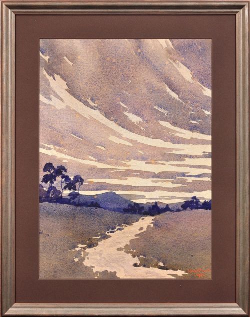 Samuel Timmins 1900 - 1951 Art Deco Watercolour Painting a Running Stream in the Welsh Marches Landscape 1932.