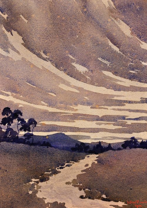 fig 1. A framed 1932 Art Deco watercolour painting depicting a winding stream through a landscape in shades of muted purple and buff.