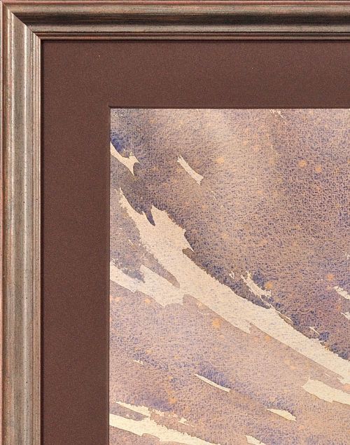 fig 4. A framed 1932 Art Deco watercolour painting depicting a winding stream through a landscape in shades of muted purple and buff.