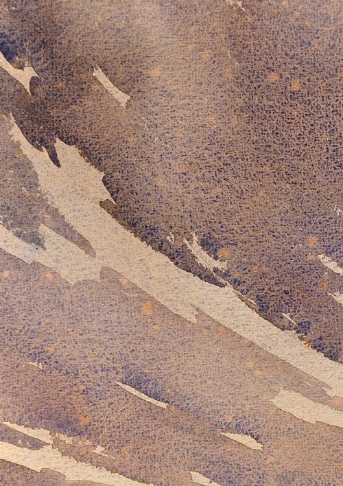 fig 5. A framed 1932 Art Deco watercolour painting depicting a winding stream through a landscape in shades of muted purple and buff.