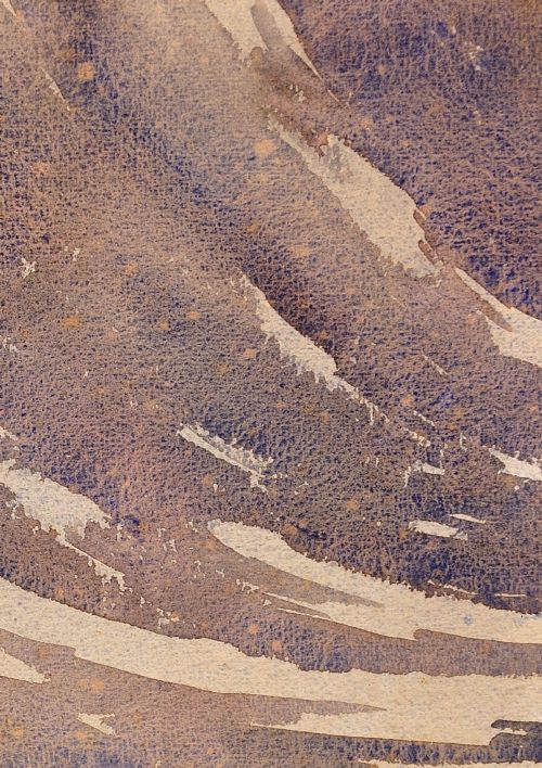 fig 6. A framed 1932 Art Deco watercolour painting depicting a winding stream through a landscape in shades of muted purple and buff.