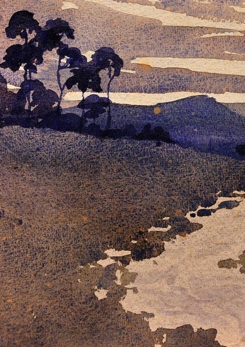 fig 7. A framed 1932 Art Deco watercolour painting depicting a winding stream through a landscape in shades of muted purple and buff.