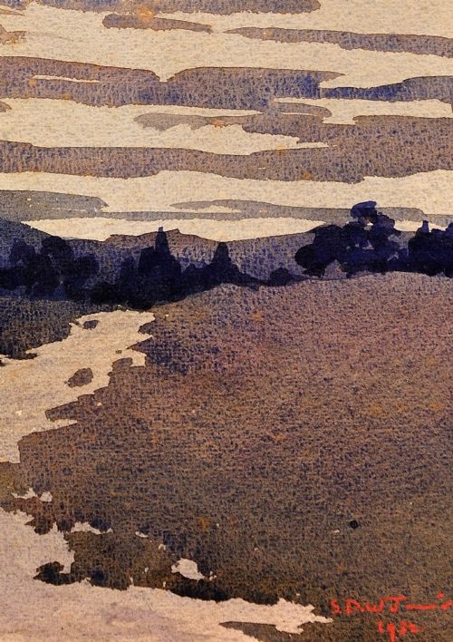 fig 8. A framed 1932 Art Deco watercolour painting depicting a winding stream through a landscape in shades of muted purple and buff.
