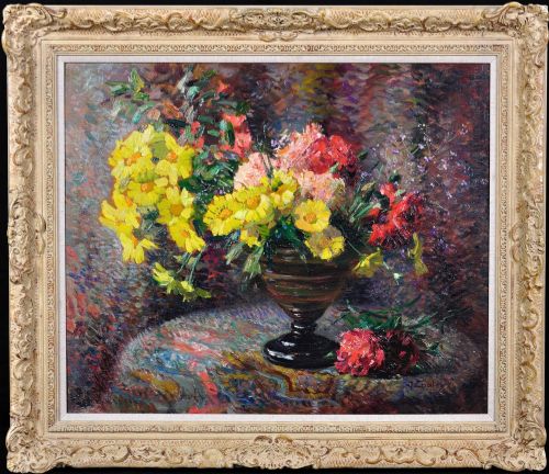 Jean Chaleye 1878 - 1960. Still Life of Carnations & Marigolds. Framed French Oil Painting of Flowers.