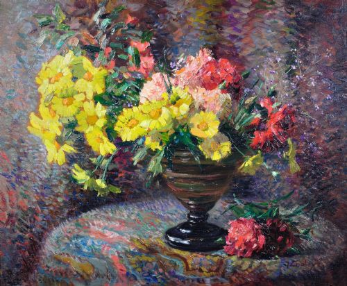 fig 1. Framed French oil painting depicting a floral still life arrangement of yellow marigolds and red carnations in a dark pedestal vase.