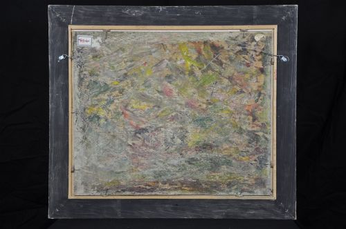 fig 3. Framed French oil painting depicting a floral still life arrangement of yellow marigolds and red carnations in a dark pedestal vase.